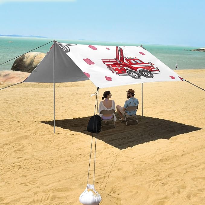 ALAZA Cartoon Fire Truck Beach Tent Sun Shelter Portable Canopy Sunshade for Outdoor Camping Picnics Backyard Fun 10x9 ft