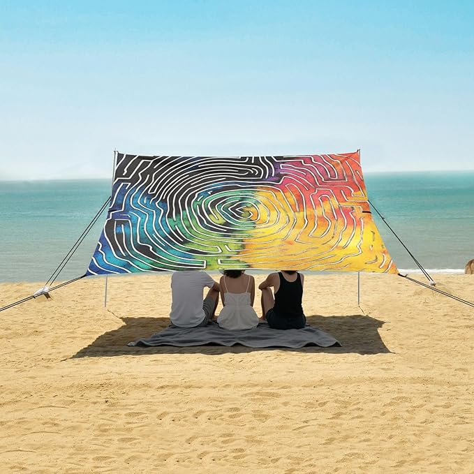 Color Spiral Symphony Foldable Beach Cabana UPF50+ Protection Easy Setup Sun Shelter with Sandbags and Shovel for Camping Picnics Backyard &amp Fishing