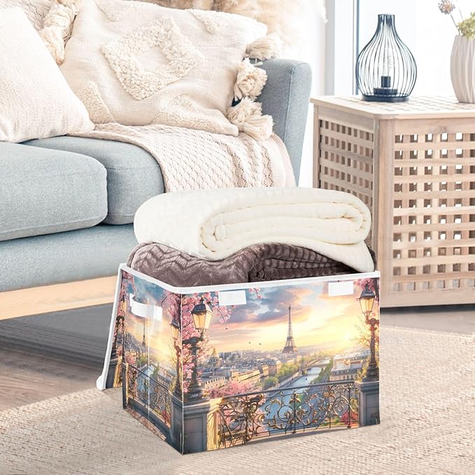 ALAZA Storage Bins Organizer Box Baskets Lidded Clothes for Shelves Closet Paris Spring Collapsible Stackable Storage Cubes Handles