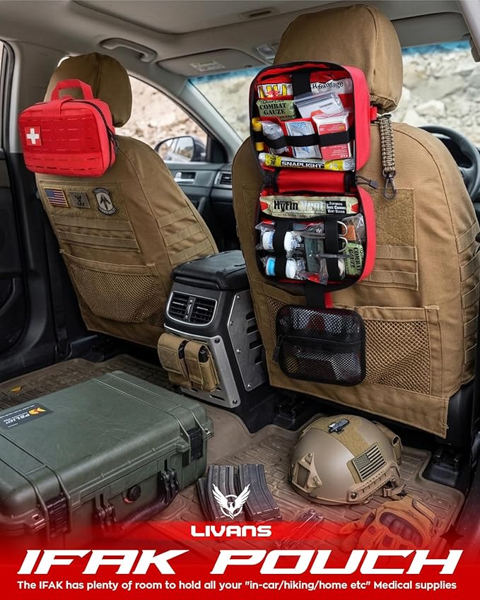 LIVANS Tactical Molle Medical Pouch - Upgraded Size Large Capacity IFAK Pouch with Detachable Quick Release and Headrest Mount Includes Flag and Cross Patch