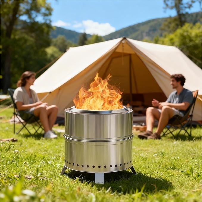 Breezz Smokeless Fire Pit 19.3 Inch Stainless Steel Outdoor Wood Burning Firepit with Carry Bag Portable Bonfire Stove for Backyard Patio Camping and Picnic Efficient Airflow &amp Low Smoke Desi