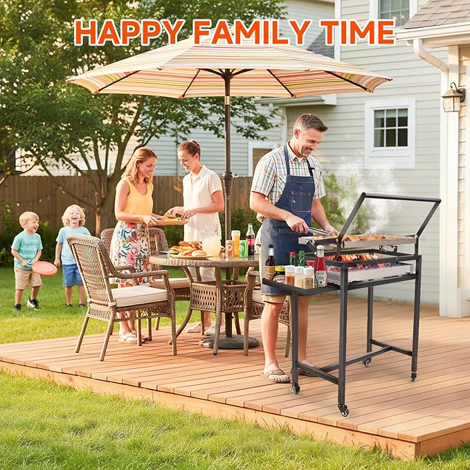 Floor-Standing Rotisserie Grill - 360 Rotating Stainless Steel Flipping Barbecue with Foldable for Outdoor Camping Backyard Includes Wheels Removable Ash Drawer (KA-6168L)