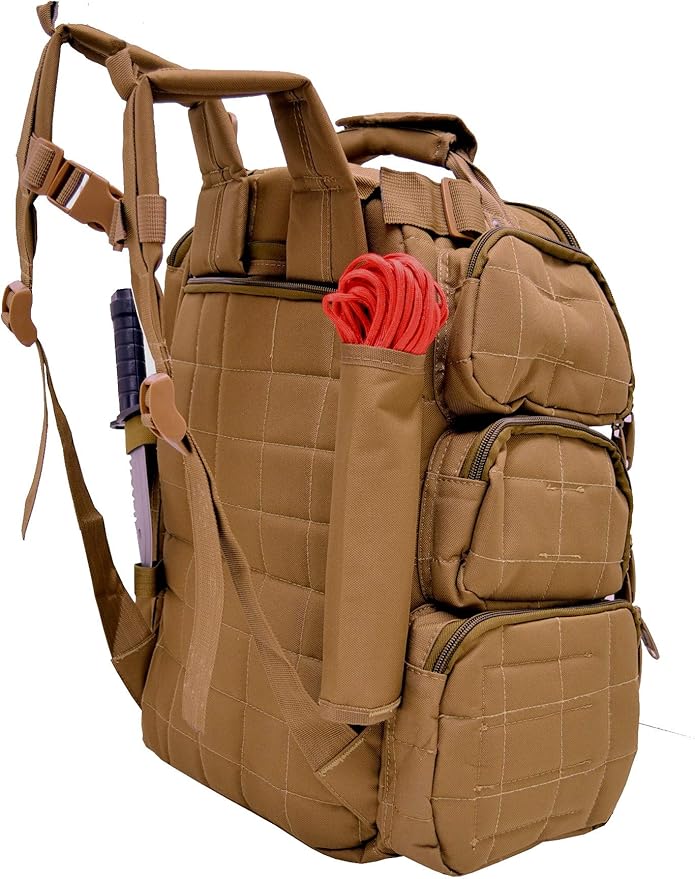 Backpack + Range Bag with Large Padded Deluxe Tactical Divider and 9 Clip Mag Holder - Rangemaster Gear Bag Explorer Tan