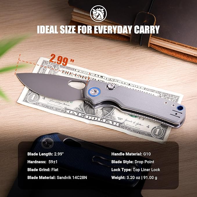 Vosteed Porcupine EDC Knife 2.99 Sandvik 14C28N Steel Blade Gray G10 Handle Top Liner Lock Lightweight Folding Pocket Knives with Clip Outdoor Camping Hunting Knife - A2607