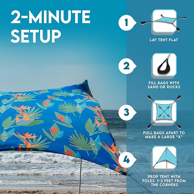Neso Gigante Portable Beach Tent Sun Shelter - Lightweight Beach Shade Canopy - Easy Setup for Family Outings - Patented Reinforced Corners - UPF 50+ - 8ft Tall 11 x 11ft - Tropical Floral