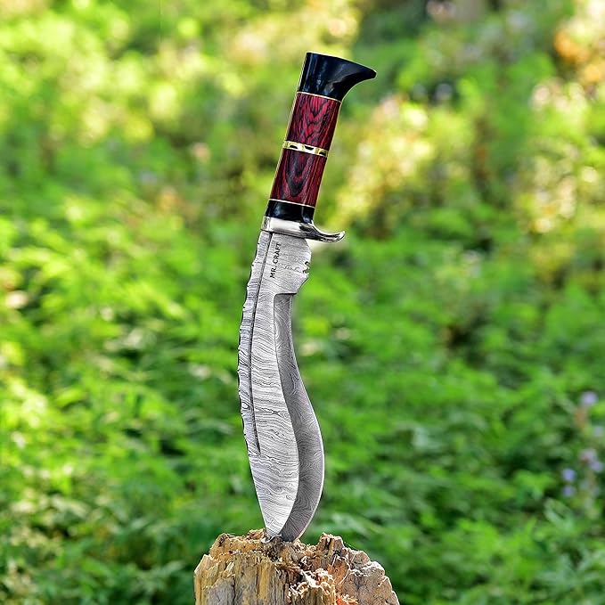 MR. CRAFT Custom Handmade Traditional Kukri Damascus Steel Fixed Blade Knife With Sheath Full Tang Heavy Duty Camping Knives - Gifts for Men (Red Wood &amp Black Horn)