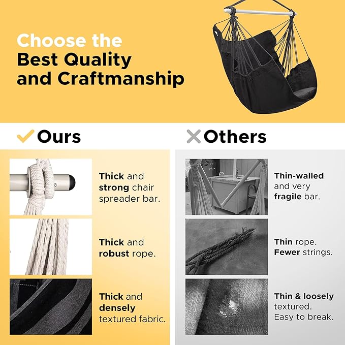 ADVOKAIR Hammock Chair Swing Heavy-Duty Hanging Rope Swing Seat Supports 500 Lbs Ideal for Outdoor Patio Backyard Porch Deck &amp Indoor Bedroom Use