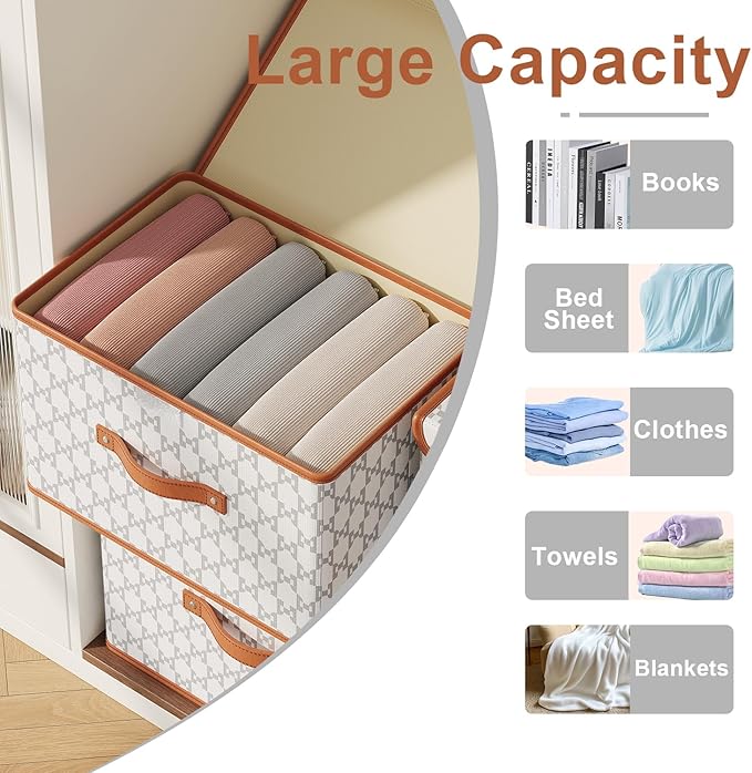 Tuza 2 Pack Fabric Storage Bins with Lids Collapsible Closet Organizer Container Decorative Storage Boxes with Lids for Organizing Clothes Blanket Grey &amp White Extra Large