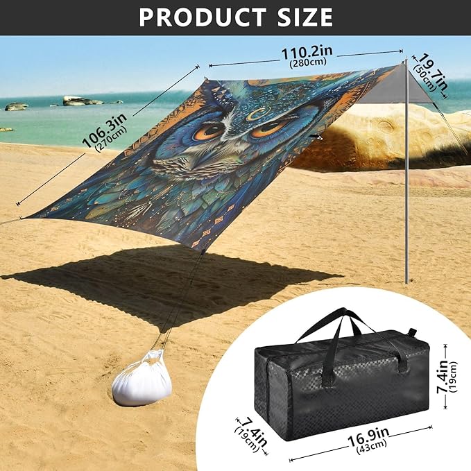 ALAZA Boho Beautiful Owl Beach Tent Sun Shelter Portable Canopy Sunshade for Outdoor Camping Picnics Backyard Fun 10x9 ft