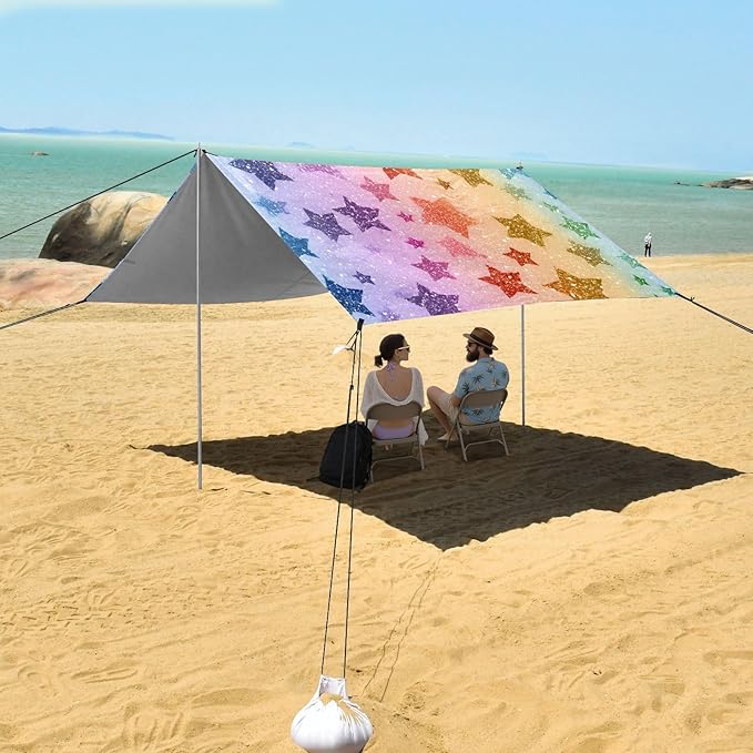 ALAZA Rainbow Star Beach Tent Sun Shelter UPF50+ Protection Beach Shade Canopy w/ 4 Sandbags for Outdoor Camping Fishing Backyard Fun Picnic 10x9 ft
