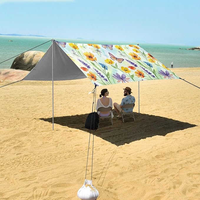 xigua Wildflowers Beach Tent Sun Shelter with Carrying Bag - Silver Coated Oxford Fabric Beach Canopy for Beach Camping Fishing - Includes Windproof Ropes Sandbags &amp Stakes