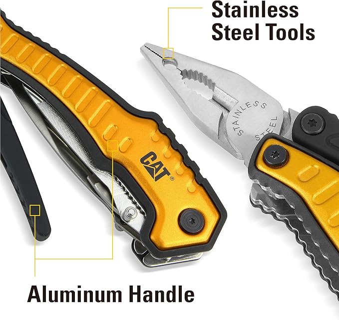 Caterpillar Multi Function Tool 9-in-1 X-Large Long Nose Pliers Wire Cutter Knife Bottle Opener Screwdriver Saw Blade with Pouch - Yellow 980045