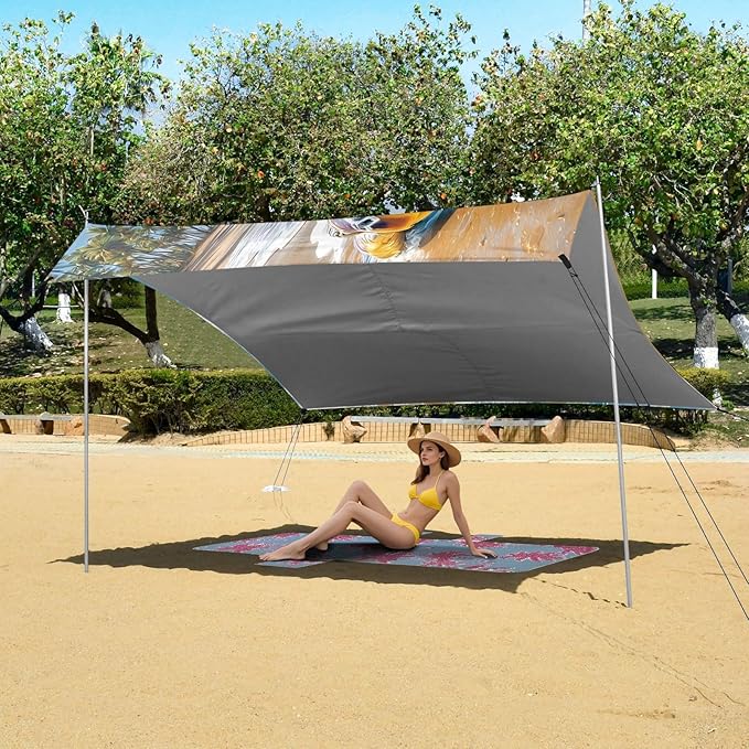 ALAZA Sea Turtle Palm Beach Beach Tent Sun Shelter UPF50+ Protection Beach Shade Canopy w/ 4 Sandbags for Outdoor Camping Fishing Backyard Fun Picnic 10x9 ft