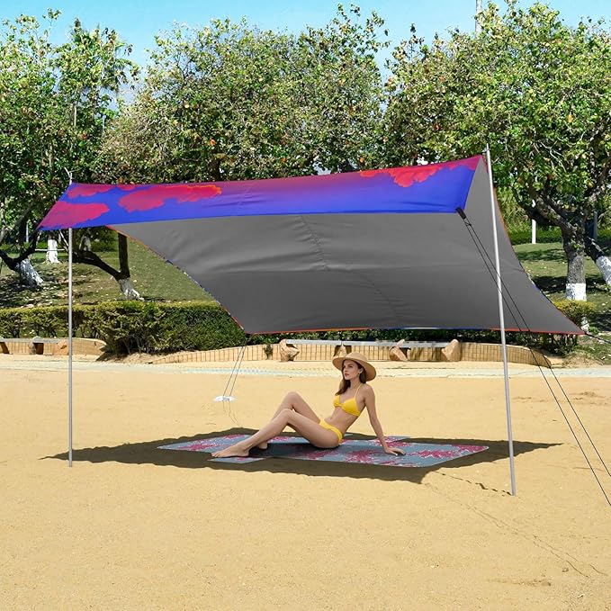 Beach Canopy with Windproof Ropes &amp Sandbags Beach Tent Sun Shade Sun Shelter for Camping Trips Fishing Backyard Fun or Picnics Sunset