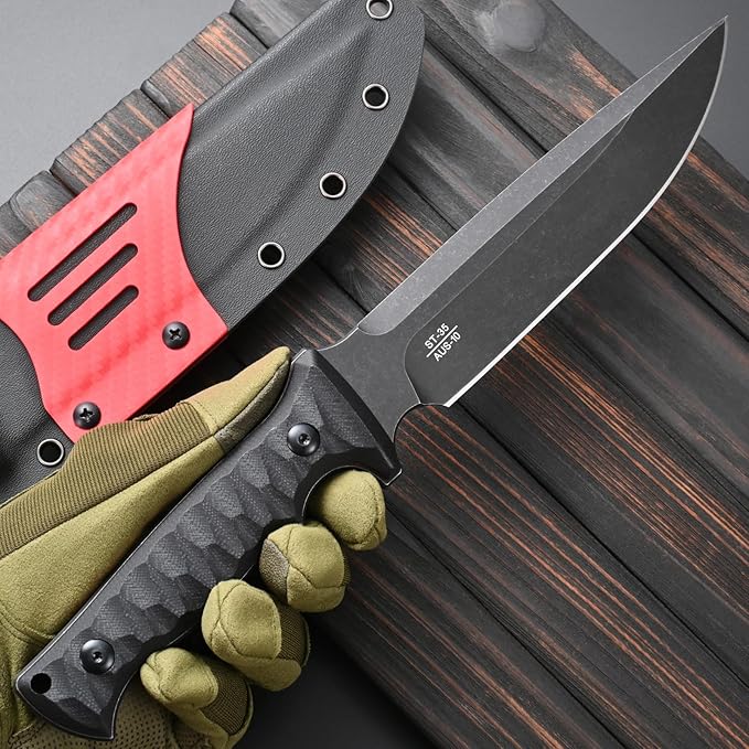 Sitivien ST35 Fixed Blade Knife AUS-10 Steel Blade G10 Handle Full Tang Knife for Outdoor Camping Hunting Fishing Survival(Black)