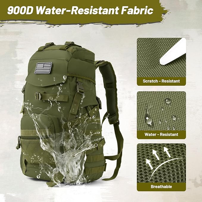50L Tactical Backpack for Men and Women Water-Resistant Molle Rucksack Large Military Assault Pack for Hiking Hunting Camping Gym &amp Outdoor Survival Green