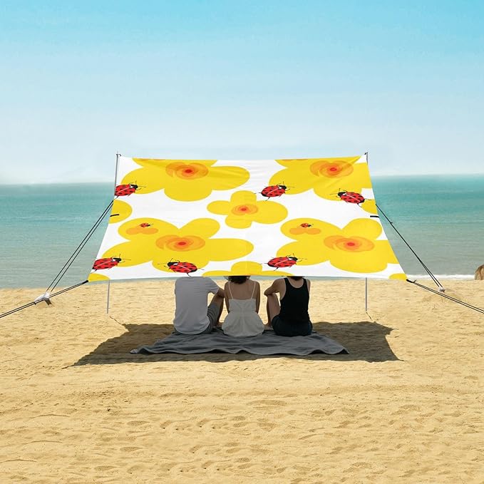Beach Canopy with Windproof Ropes &amp Sandbags Beach Tent Sun Shade Sun Shelter for Camping Trips Fishing Backyard Fun or Picnics Flowers