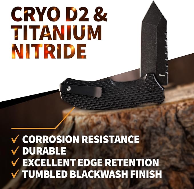 Off-Grid Knives - Rapid Fire Viper Assisted Tanto Blade Hard Use Build Tactical Camping &amp Survival EDC Cryo D2 Steel Blackwash G10 Scales Deep Pocket Carry (Blackout)