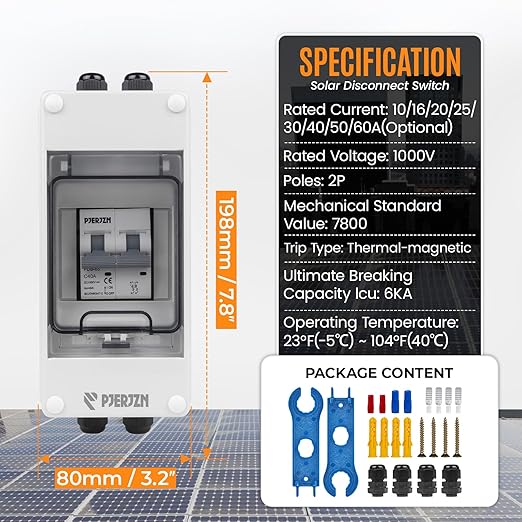Solar Panels Disconnect Switch 40A 1000VDC PV Shut Off Switch Outdoor Circuit Breaker Box IP65 Waterproof UV-Proof