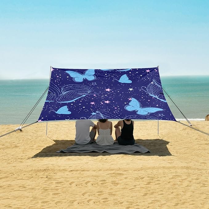 xigua Butterfly Beach Tent Sun Shelter with Carrying Bag - Silver Coated Oxford Fabric Beach Canopy for Beach Camping Fishing - Includes Windproof Ropes Sandbags &amp Stakes