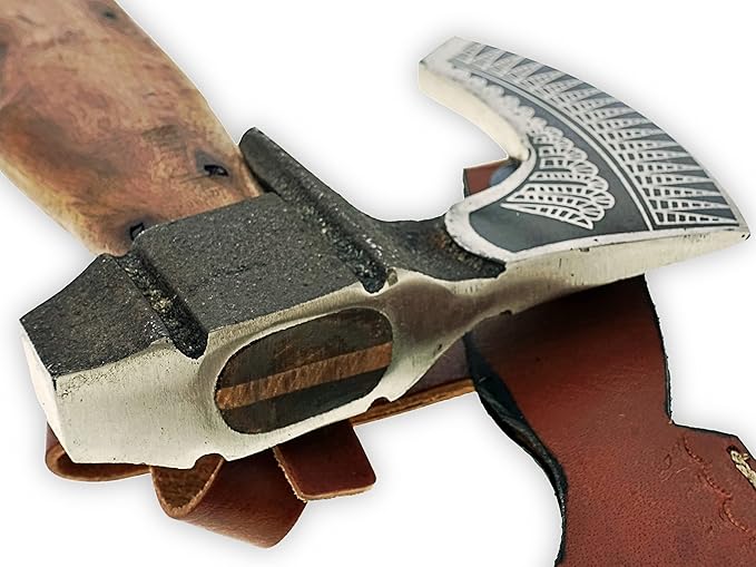 15 Inch long Bearded hiking Axe Carbon steel blade with laser etching Easy grip Rose wood round handle Leather sheath included