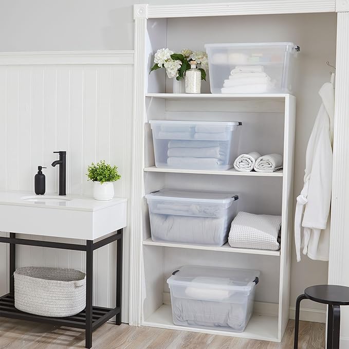 Rubbermaid Cleverstore 74 Qt Clear Storage Bins with Lids and Nesting Tray 4-Pack Stackable BPA-Free Made in USA