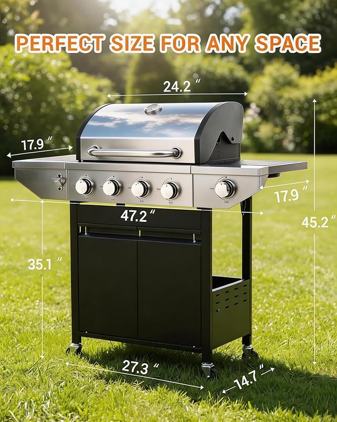 EUHOME 46500 BTU 4-Burner Propane Gas Grill with Side Burner – Stainless Steel Outdoor BBQ with Enameled Cast Iron Grates &amp Foldable Side Tables for Patio Backyard and Outdoor Cooking
