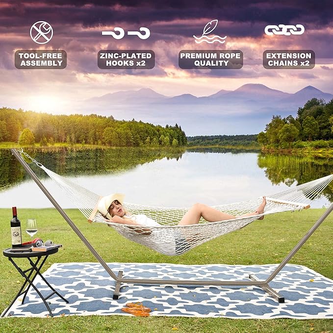 Lazy Daze Hammocks Double Rope Hammock with Stand Include 12 Feet Traditional Cotton Rope with Pillow for Outside Backyard Patio Garden Tan Pillow