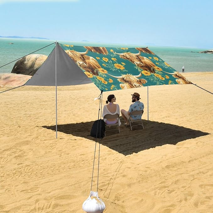 ALAZA Highland Cattle Chrysanthemum Pattern Beach Tent Sun Shelter Portable Canopy Sunshade for Outdoor Camping Picnics Backyard Fun 10x9 ft
