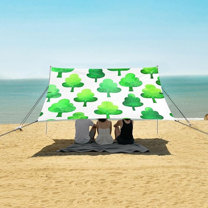 Beach Canopy with Windproof Ropes &amp Sandbags Beach Tent Sun Shade Sun Shelter for Camping Trips Fishing Backyard Fun or Picnics Green Trees