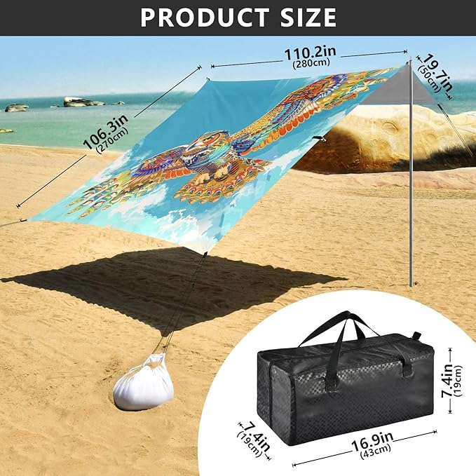 ALAZA Soaring Owl Rainbow Color Beach Tent Sun Shelter UPF50+ Protection Beach Shade Canopy w/ 4 Sandbags for Outdoor Camping Fishing Backyard Fun Picnic 10x9 ft