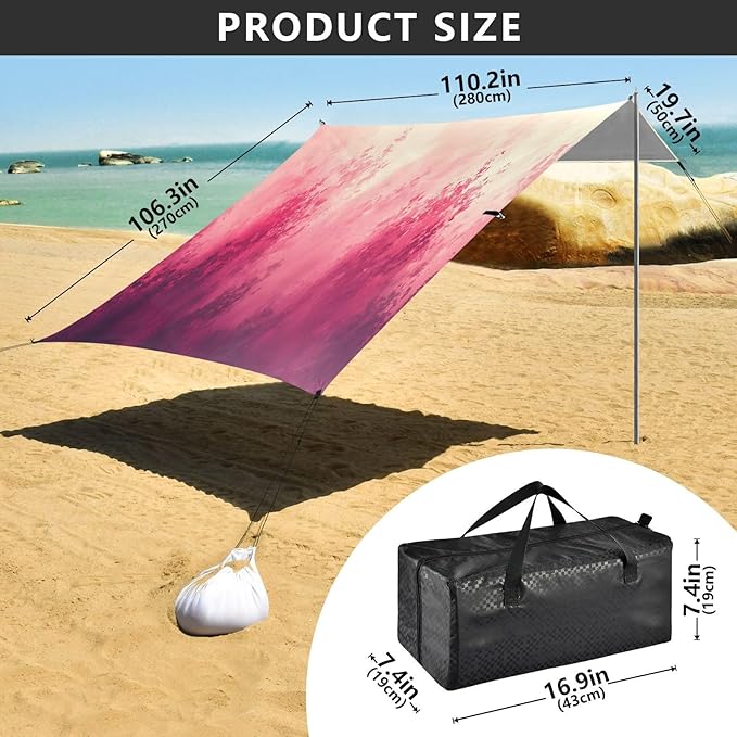 Pink Watercolor Forest Beach Tent Sun Shelter Set UPF50+ UV Protection 10.5 x 9.19 FT Camping Shade Canopy with Sandbags Sand Anchors Carrying Bag and Others