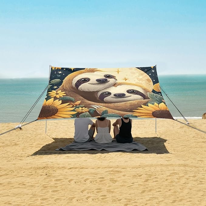 ALAZA Sloth Sunflower Moon Beach Tent Sun Shelter Portable Canopy Sunshade for Outdoor Camping Picnics Backyard Fun 10x9 ft
