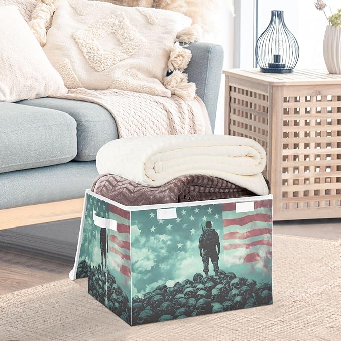 AIXIWAWA Lidded Storage Cube (Skulls Soldier American) Fabric Foldable Closet Bins with Flip Lid and Handles Organizer Basket Container 16.5 x 12.6 x 11.8 IN