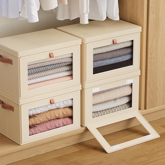 Tuza 4 Pack Foldable Storage Bins - Fabric Decorative Storage Boxes with Handles &amp Window Collapsible Organizer for Closet Shelf Dorm Room