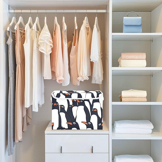 Collapsible Storage Bins with Lids Decorative Fabric Storage Cubes Closet Organizer and Storage Basket Boxes Containers for Clothes Box Chest Nursery Folding Rectangle Black White Penguin