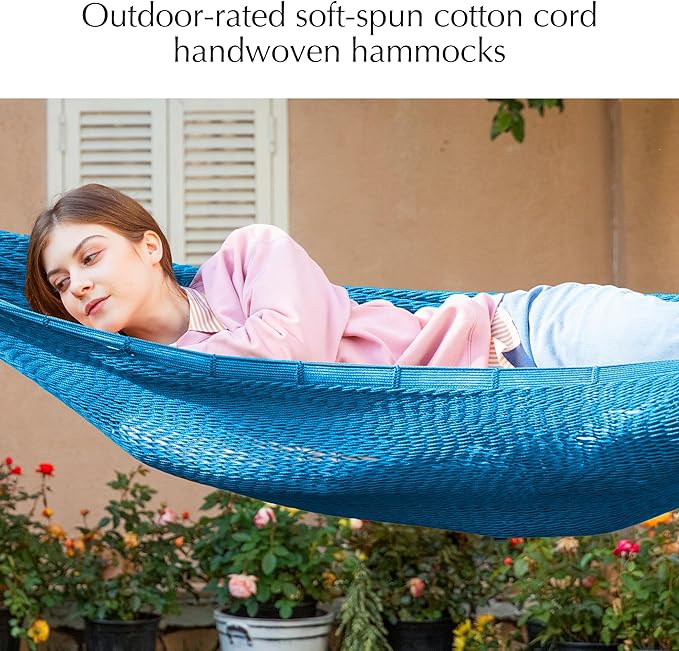 PNAEUT Handwoven Mayan Hammock Thick Soft Rope Double Hammock for Outdoor Outside &amp Indoor 600 lbs Capacity Heavy-Duty Includes Tree Straps Carabiners &amp Carrying Bag (Glacial Lake Blue X-