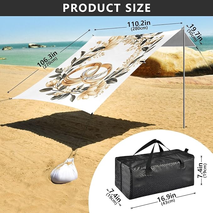ALAZA Wedding Ring Wreath Beach Tent Sun Shelter UPF50+ Protection Beach Shade Canopy w/ 4 Sandbags for Outdoor Camping Fishing Backyard Fun Picnic 10x9 ft