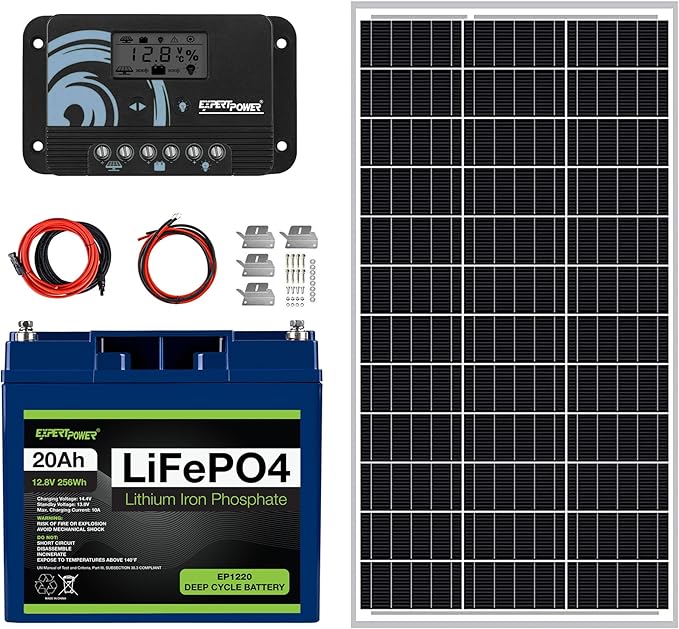 ExpertPower 100W 12V Solar Power Kit | 12V 20Ah LiFePO4 Lithium Battery | 100W Mono Rigid Solar Panel 10A PWM Solar Charge Controller | RV Trailer Camper Marine Off Grid Solar Projects