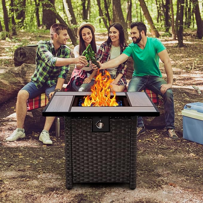 Outdoor Propane Fire Pit 30 Inch PE Wicker Patio Firepit Table with Fire Glass for Outside Parties and Gatherings on Garden Backyard Porch