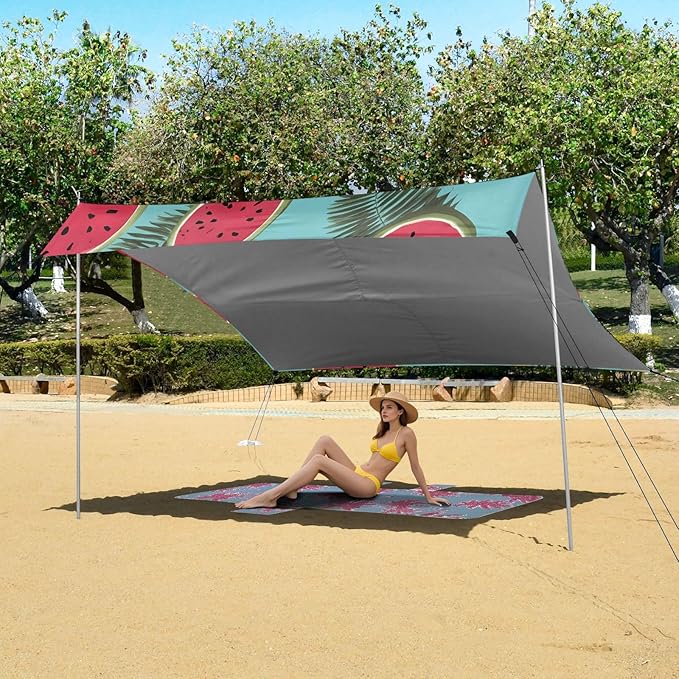 ALAZA Watermelon Palm Leaves Pattern Beach Tent Sun Shelter Portable Canopy Sunshade for Outdoor Camping Picnics Backyard Fun 10x9 ft