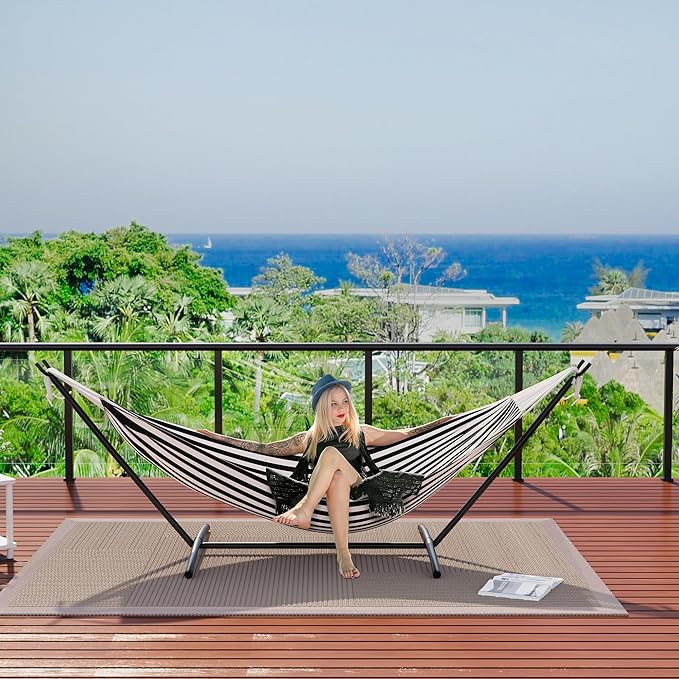 Double Cotton Hammock with Steel Stand for Outside Brazilian Style 450lbs Capacity Portable Indoor Outdoor Lounger with Carry Bag 2-Person Capacity Ideal for Backyard Garden Camping Black
