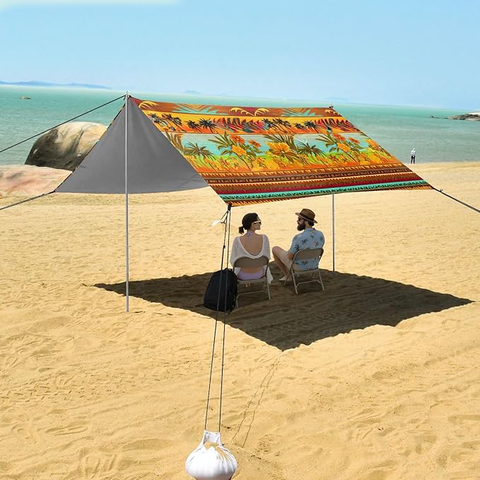 xigua Boho Tribal Aztec Beach Tent Sun Shelter with Carrying Bag - Silver Coated Oxford Fabric Beach Canopy for Beach Camping Fishing - Includes Windproof Ropes Sandbags &amp Stakes