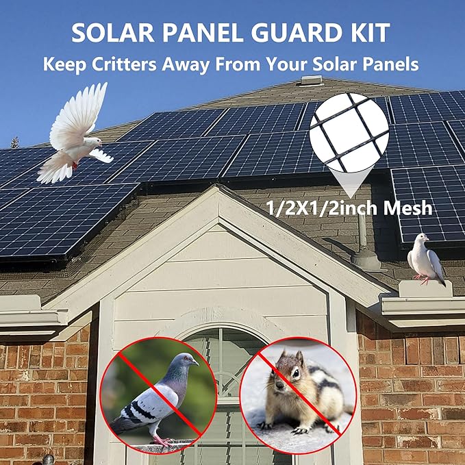 8in X 100ft Critter Guard for Solar Panels 1/2inch PVC Coated Solar Panel Guard Critter Guard Roll Kit for Solar Panel Wire Mesh Black Pigeon Barrier with 120pcs Fasteners Cutting Scissor Gloves