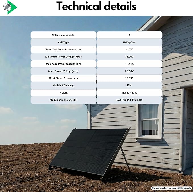 2pcs Bifacial Solar Panel N-Type 16BB 425W - Total 850W Bifacial Solar Panels High Efficiency with Anti-PID Technology Optimized for Farms