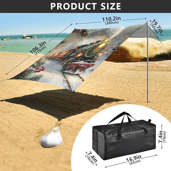 ALAZA Christmas Train Beach Tent Sun Shelter Portable Canopy Sunshade for Outdoor Camping Picnics Backyard Fun 10x9 ft