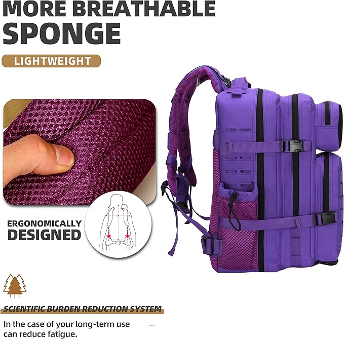45L Military Tactical Backpacks 3 Days Assault Pack Bag Fitness Rucksack 3 Day Bug Out Bag Hiking Treeking Molle Daypack (Purple)