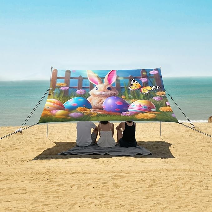 Farm Bunny Easter Eggs Beach Tent Sun Shelter Set UPF50+ UV Protection 10.5 x 9.19 FT Camping Shade Canopy with Sandbags Sand Anchors Carrying Bag and Others