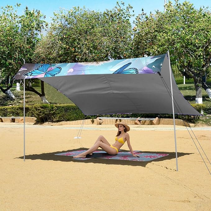 ALAZA Sloth Branch Blue Butterflies Beach Tent Sun Shelter Portable Canopy Sunshade for Outdoor Camping Picnics Backyard Fun 10x9 ft