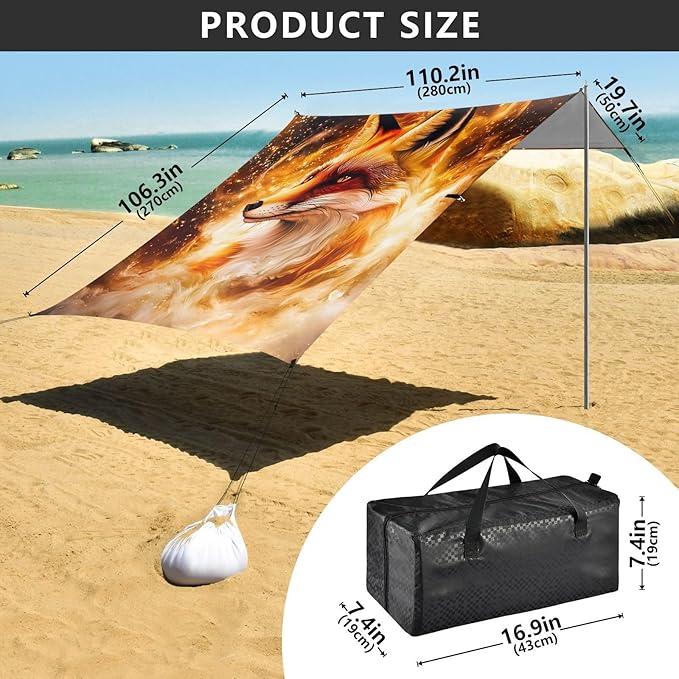 ALAZA Mysterious Fox Beach Tent Sun Shelter Portable Canopy Sunshade for Outdoor Camping Picnics Backyard Fun 10x9 ft